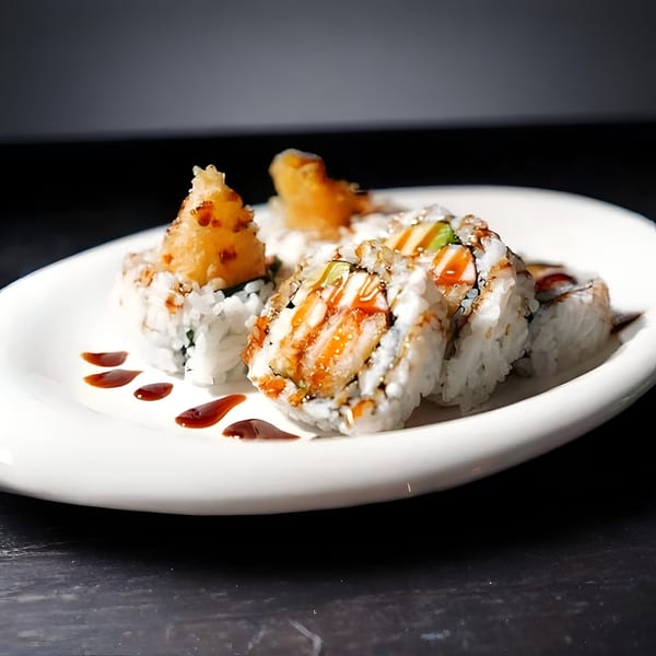 Eastern Pavilion's sushi rolls with crispy tempura and a sweet glaze on a white plate.